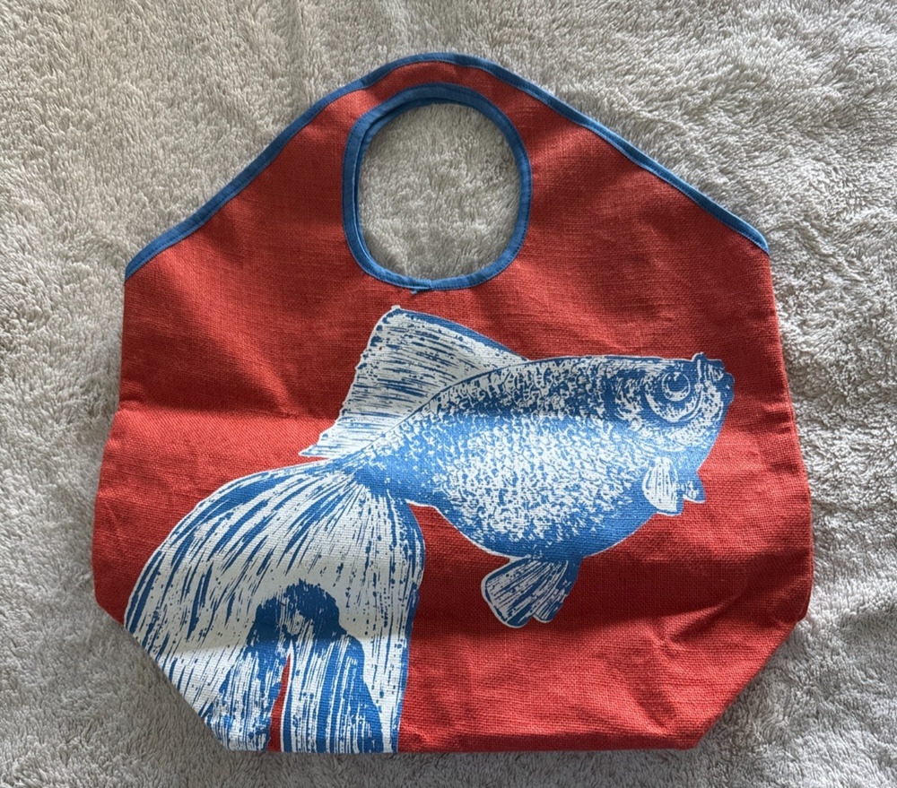 Mud Pie Fish Tote Bag Red Blue Coastal Beach Market Shopper Purse Oversized